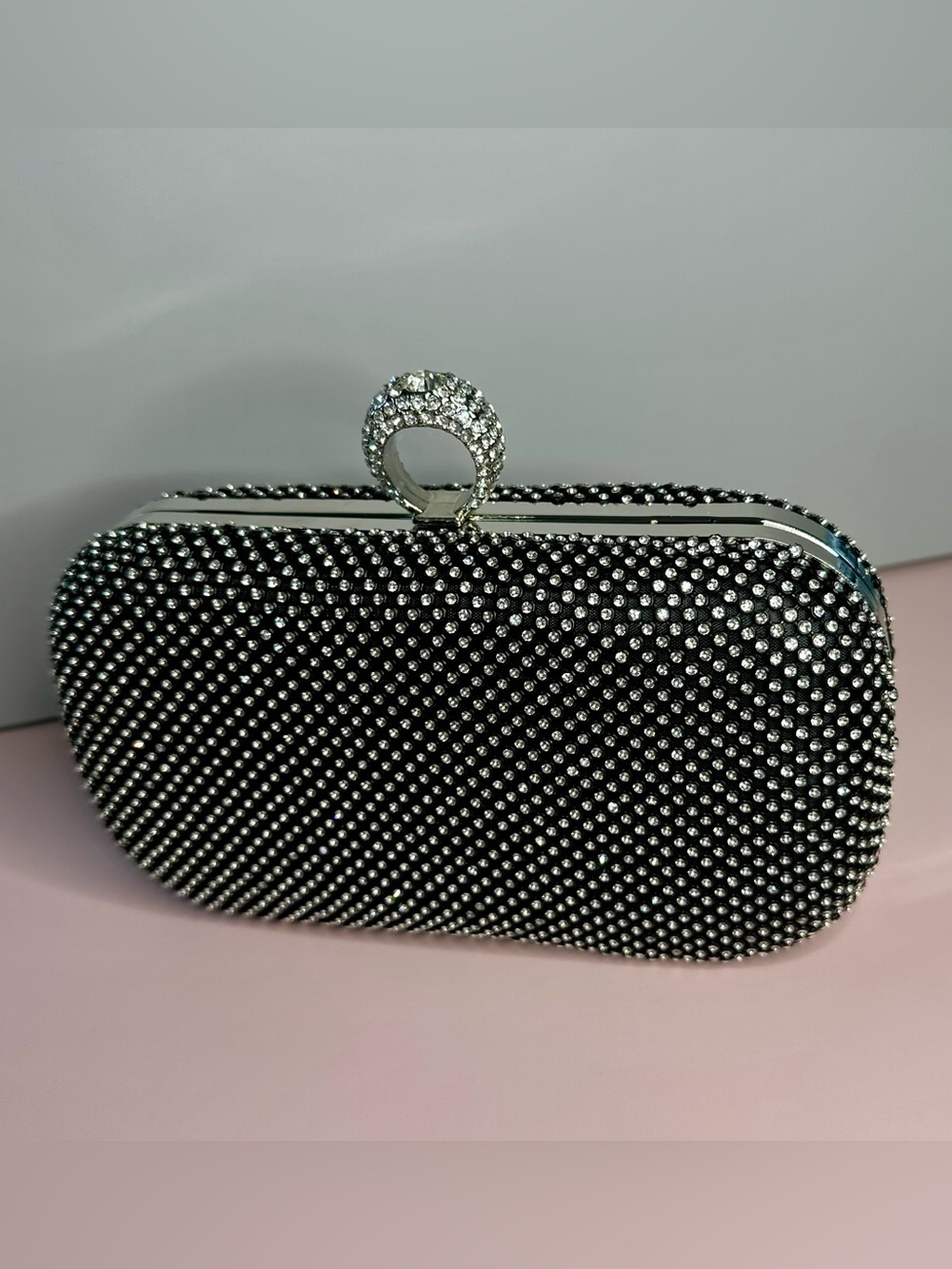 Glam Rhinestone Evening Clutch w/ Ring Handle Black Silver Sparkle NWT